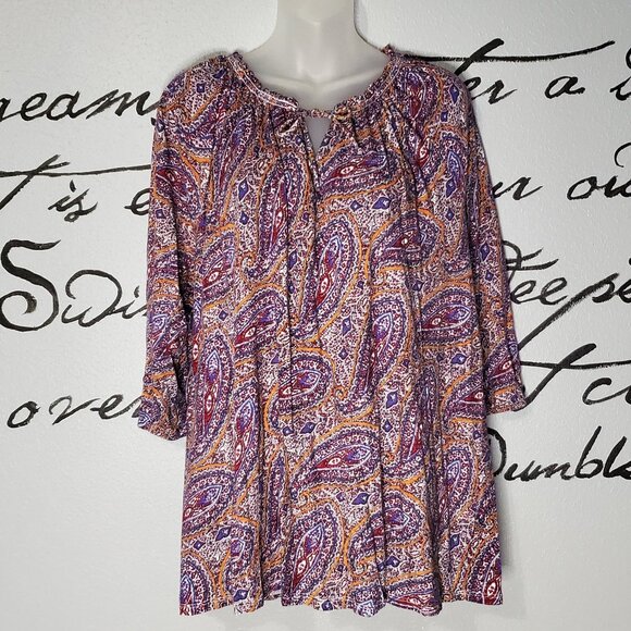Lucky Brand Plus Size Purple & Orange Paisly Long Sleeve Stretch Tunic, 2X - Picture 1 of 7